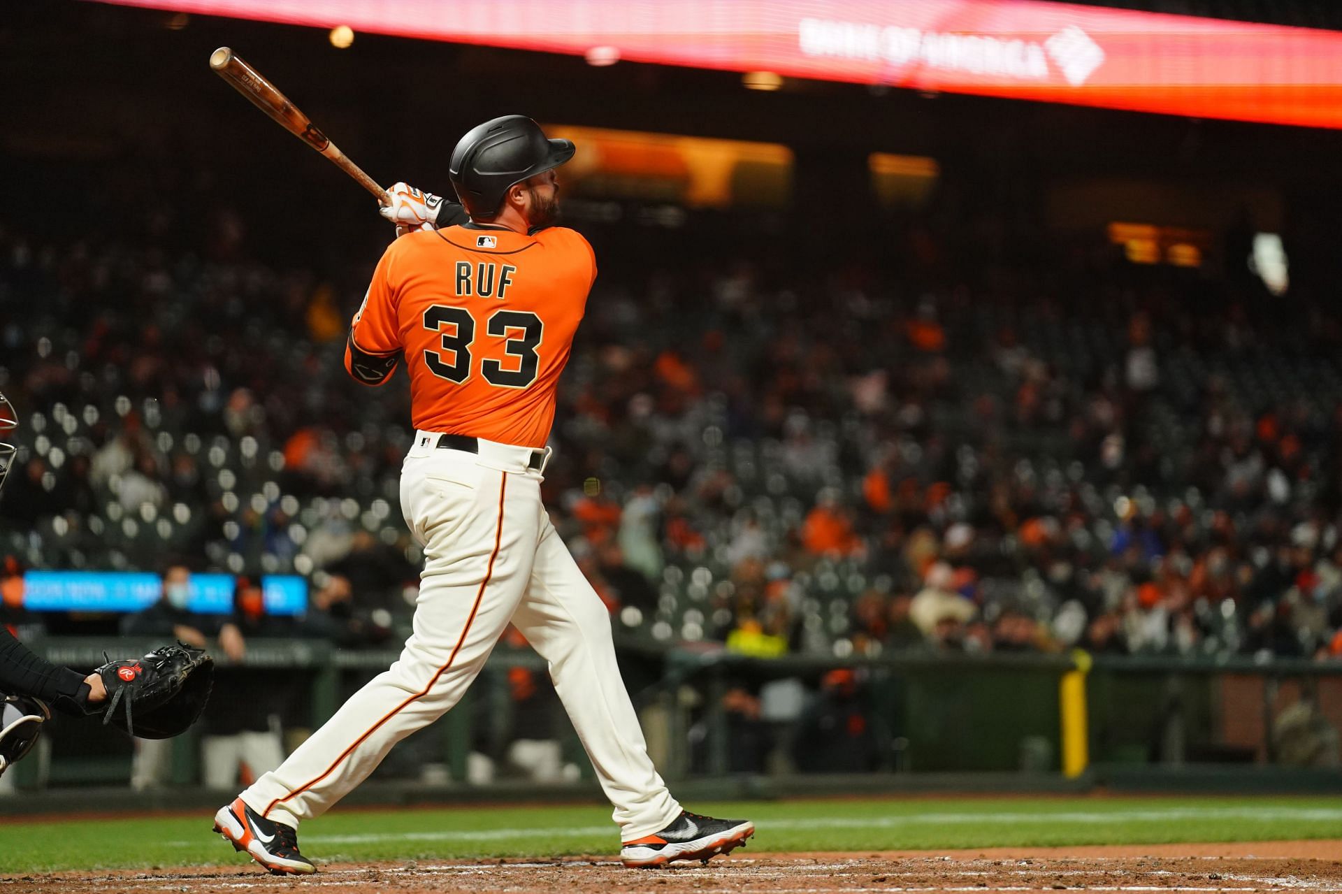 Darin Ruf #33 of the San Francisco Giants bats during the game against the Miami Marlins at Oracle Park on April 23, 2021 in San Francisco, California.