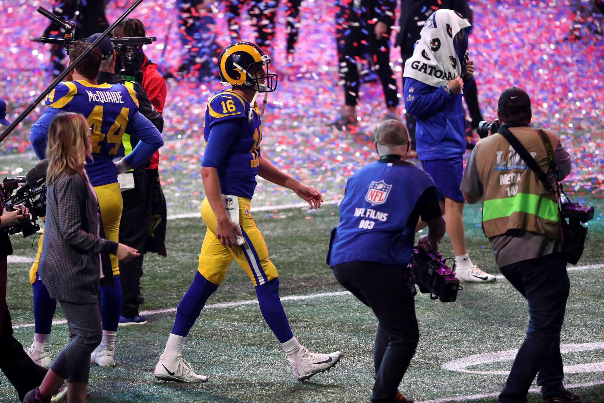 Super Bowl LIII - Jared Goff walks off the field after the defeat to the New England Patriots