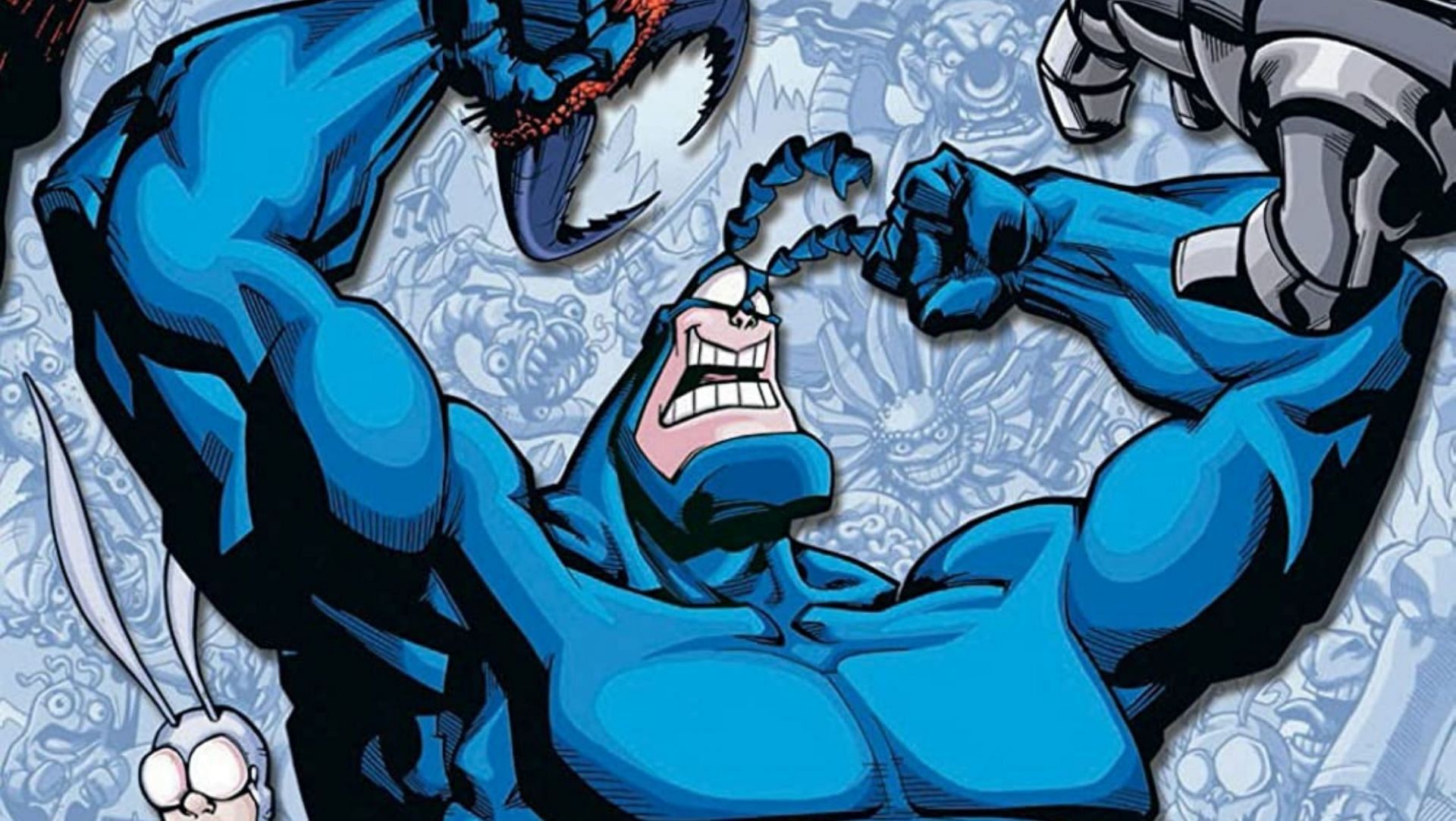 The Tick, the lovable and quirky hero from comics, TV, and film, strikes a humorous pose in his blue suit and antennae (Image via New England Comics)