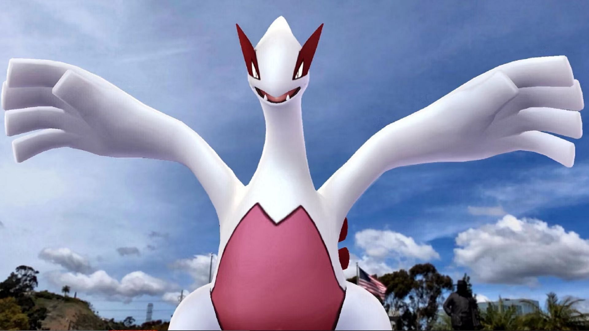 Shiny Lugia as it appears in Pokemon GO, with a pink body coloration compared to its ordinary dark blue.