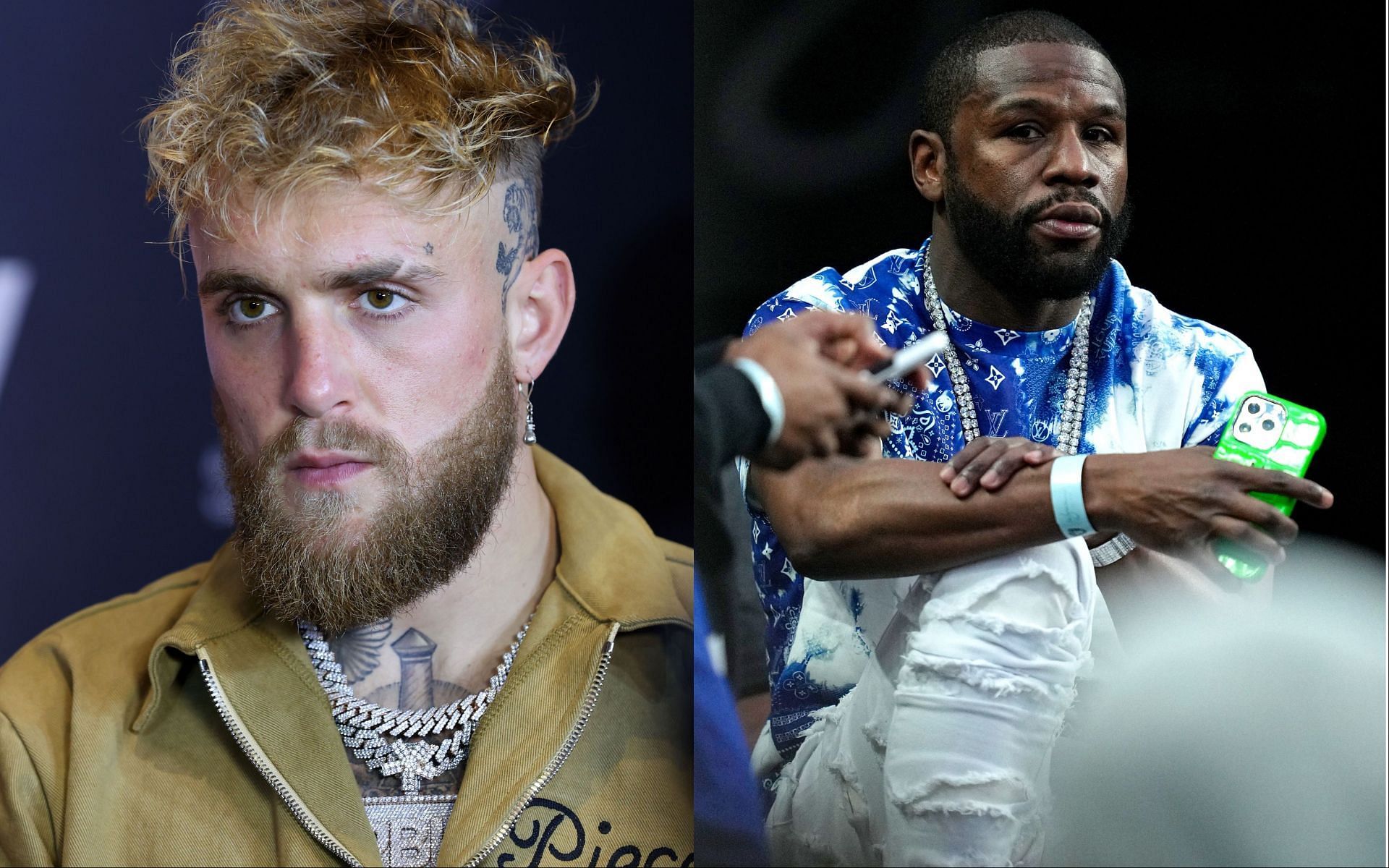 Jake Paul (L), and Floyd Mayweather (R).
