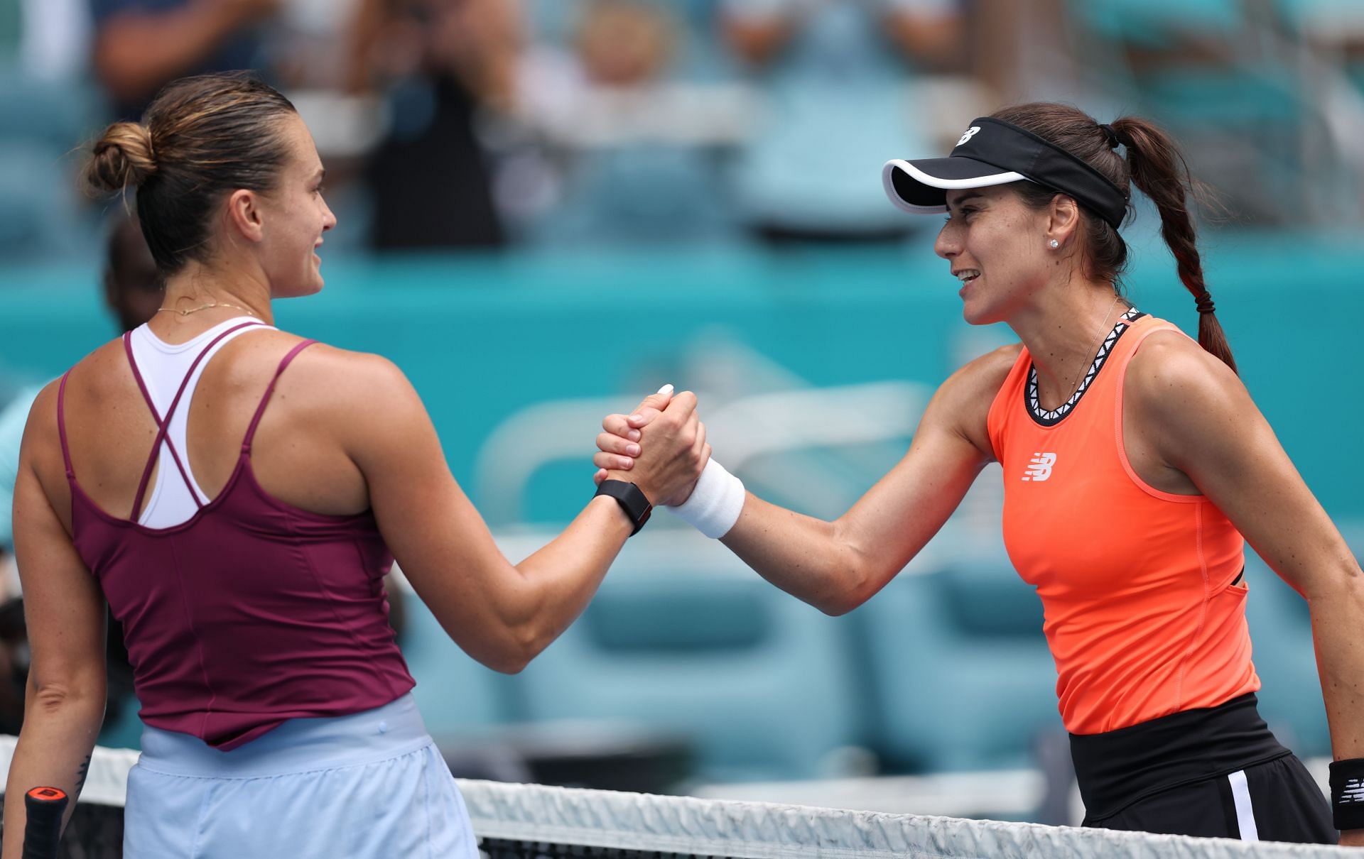 Sorana Cirstea (right) beat Aryna Sabalenka in Miami.