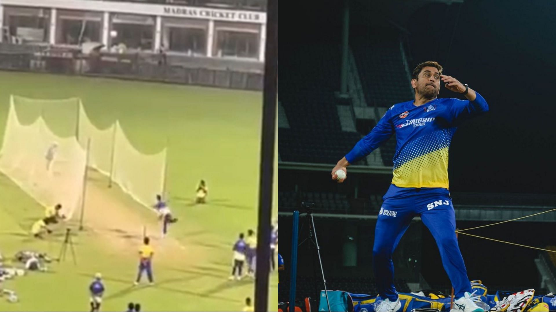 MS Dhoni was spotted bowling in the CSK camp (Image: Twitter)