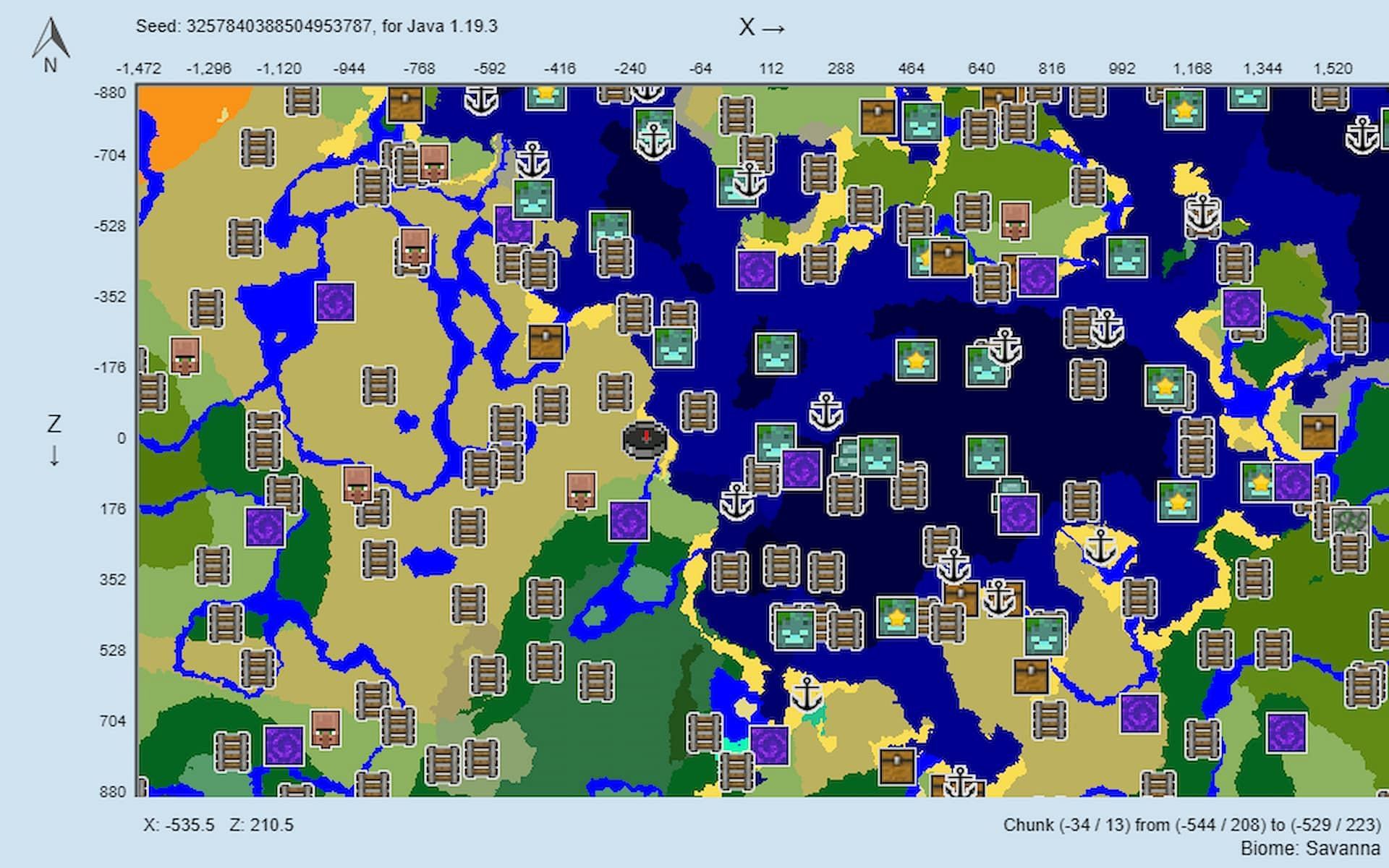 Players can explore a vast ocean and surrounding biomes with this exciting seed (Image via Chunkbase)