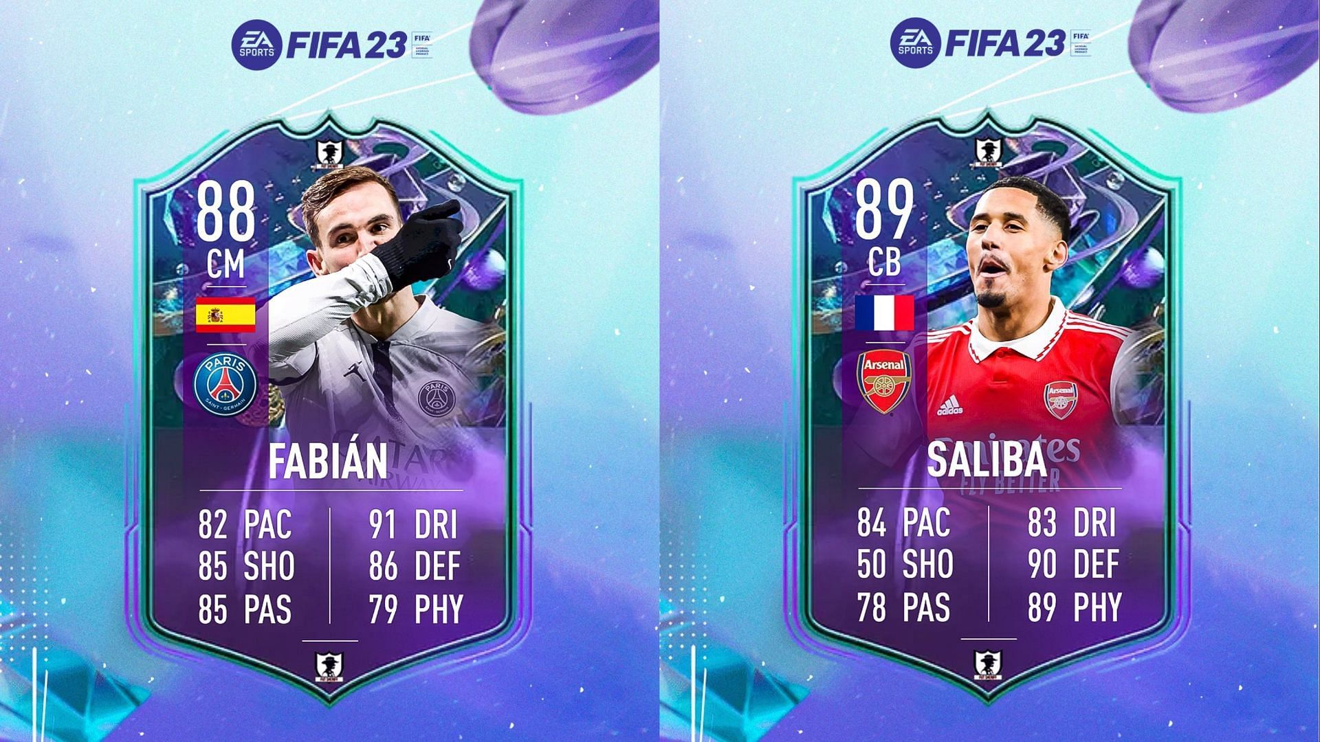 William Saliba and Fabian Ruiz&rsquo;s Fantasy FUT promo cards could greatly help many FIFA 23 players (Images via Twitter/FUT Sheriff)