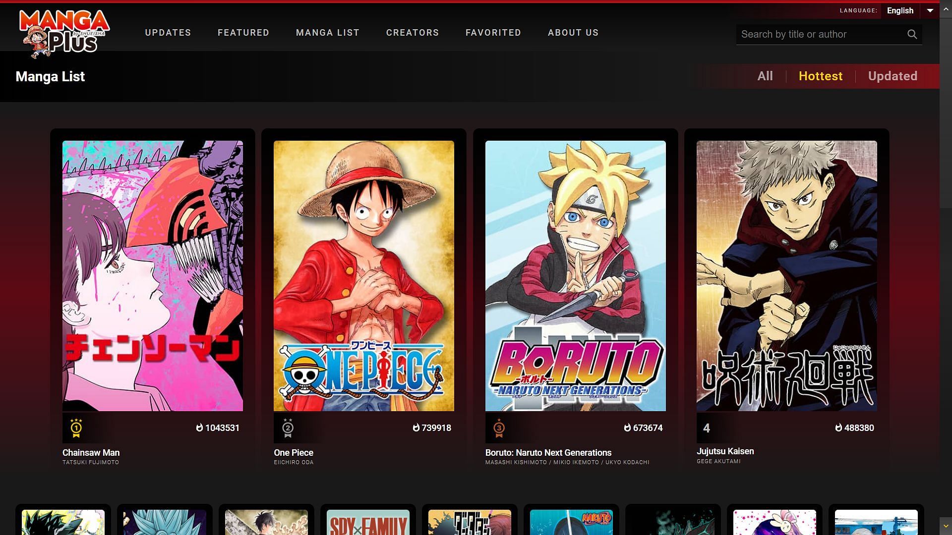 Screenshot of popular manga series ranked by current viewership (Screengrab via Shueisha)