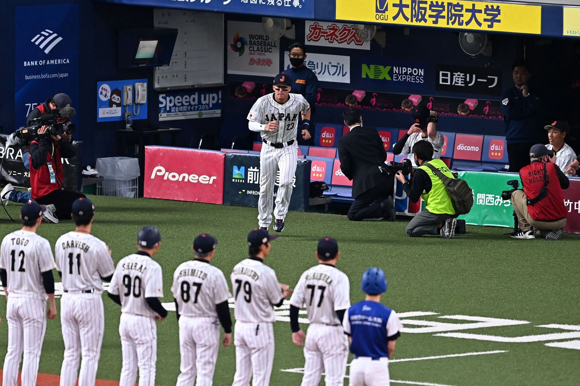 Outfielder Lars Nootbaar #23 of Japan is introduced prior to the World Baseball Classic exhibition game