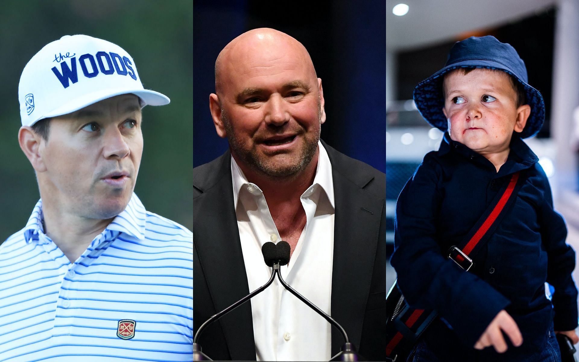 From the left- Mark Wahlberg, Dana White and Hasbulla [Image credits: Getty Images and @HasbullaHive on Twitter]
