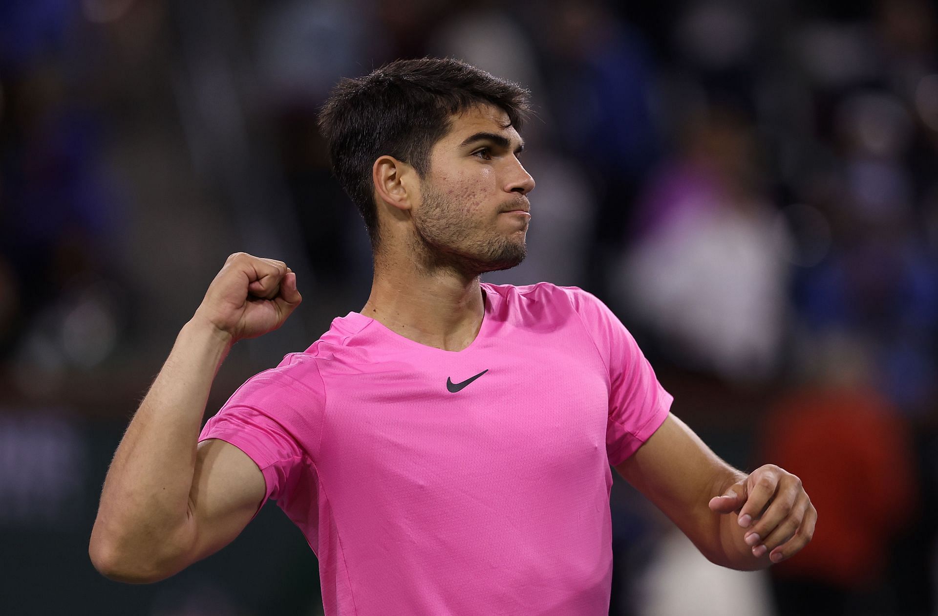 Carlos Alcaraz celebrates his 100th win at the BNP Paribas Open.