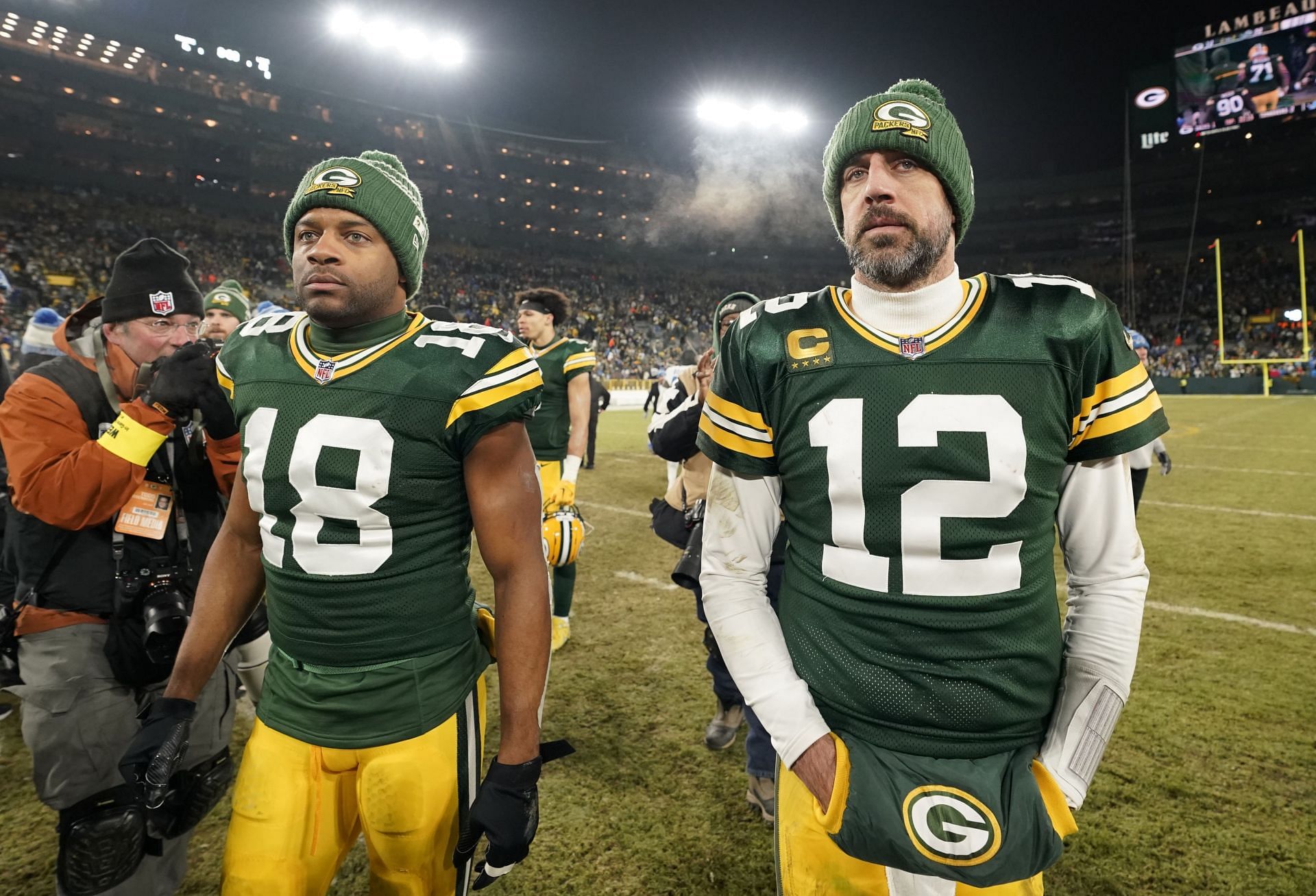 Aaron Rodgers (r) and Randal Cobb (l) after the Detroit Lions v Green Bay Packers game