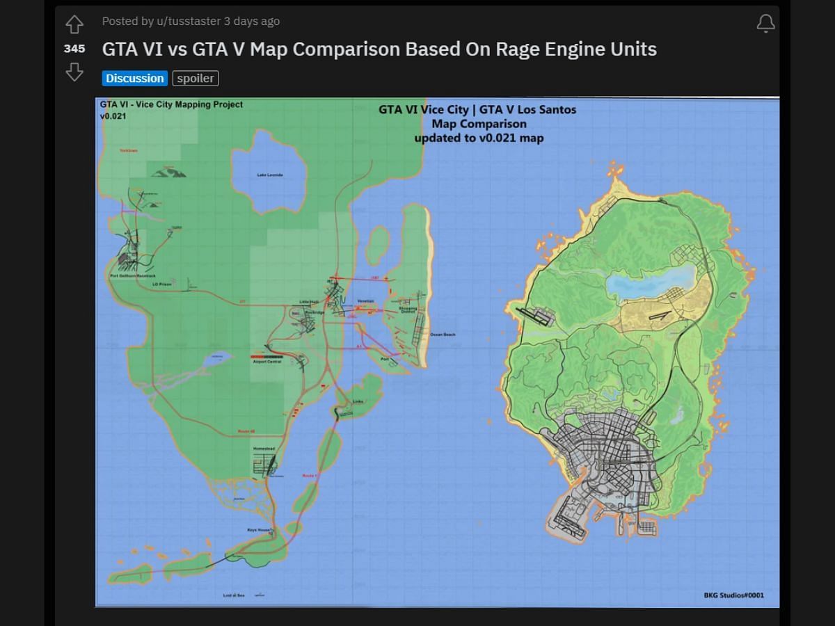 Size comparison between the State of San Andreas and Vice City (Image via Reddit: u/tusstaster)