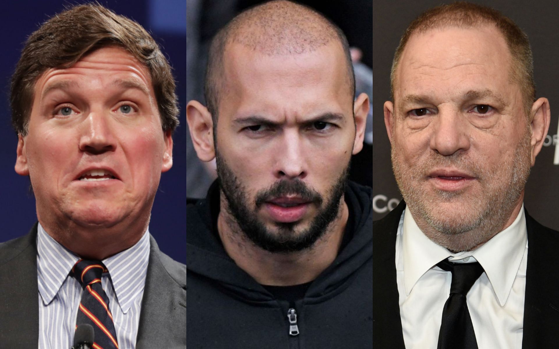 Tucker Carlson (Left), Andrew Tate (Middle), and Harvey Weinstein (Right) [Image courtesy: left image via Rolling Stone, middle image via The New York Times, and right image via Euronews]