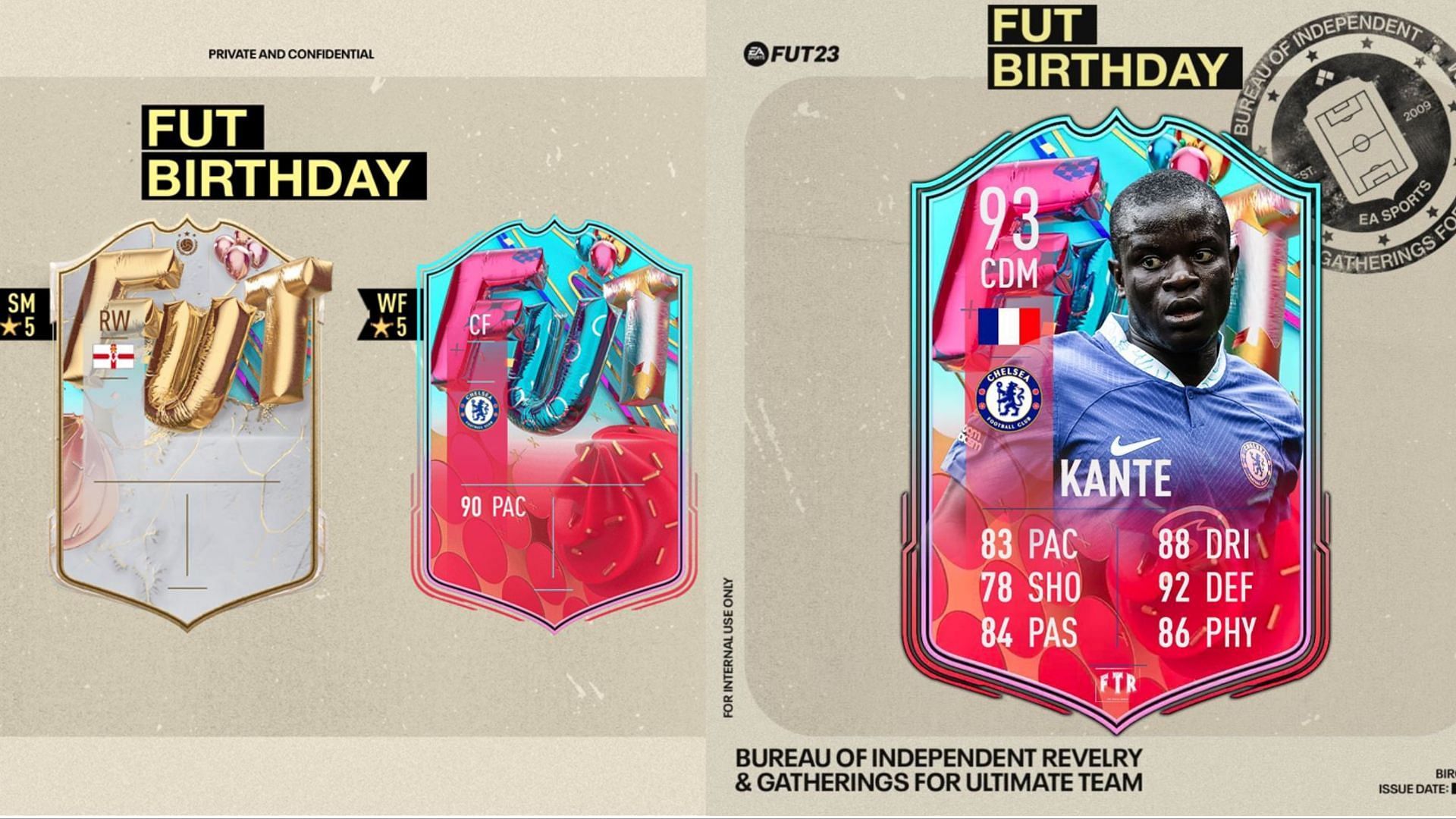 Getting N&rsquo;Golo Kante&rsquo;s FUT Birthday card as part of a FIFA 23 objective/SBC could be sensational for players (Images via EA Sports, Twitter/FTR)