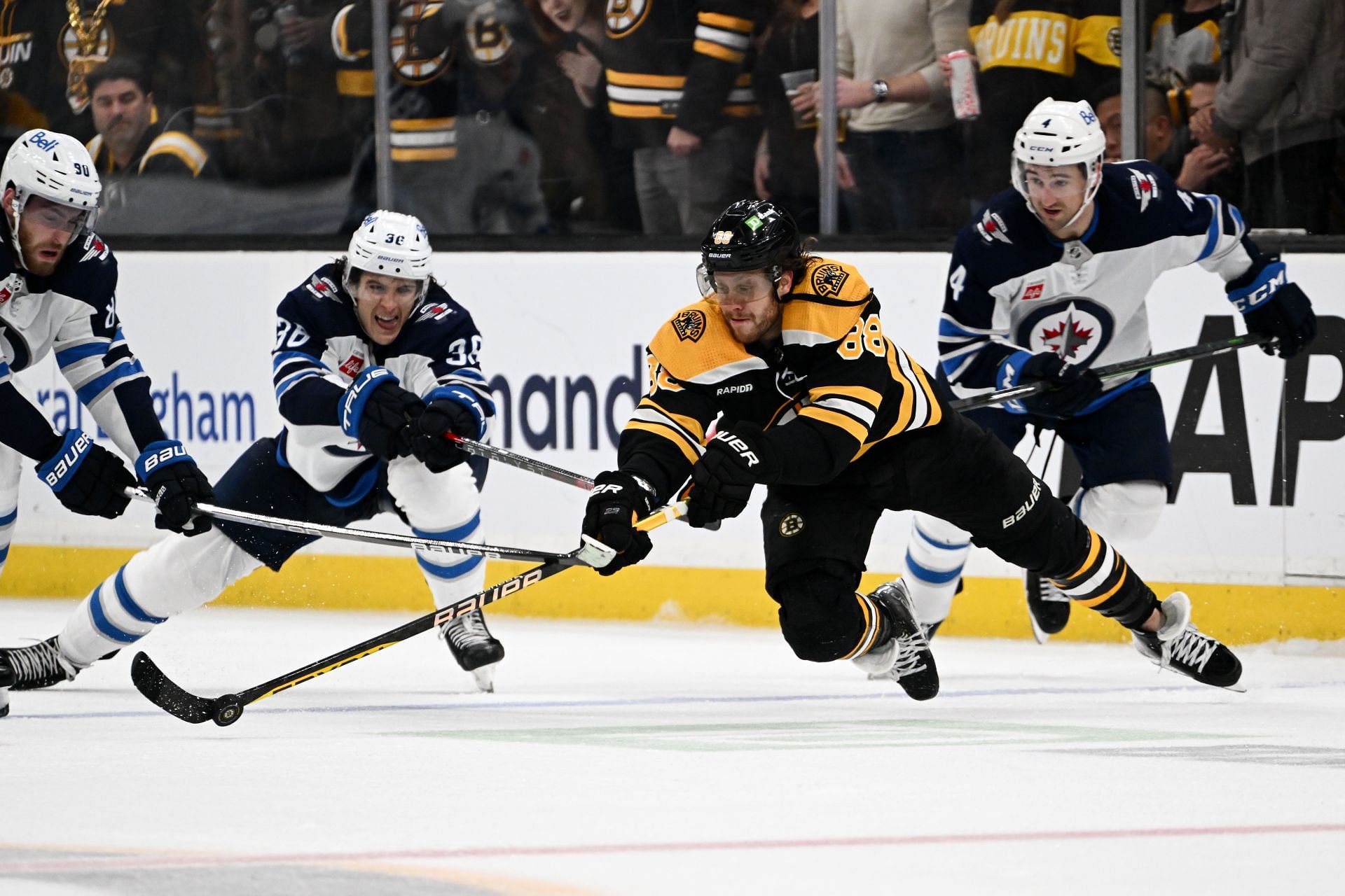 David Pastrnak in action during a game between Boston Bruins and Winnipeg Jets