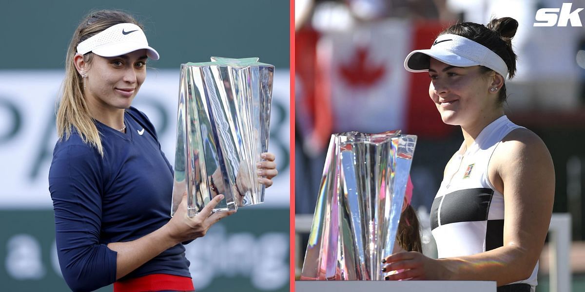 2021 champion Paula Badosa and 2019 champion Bianca Andreescu with their Indian Wells trophies.
