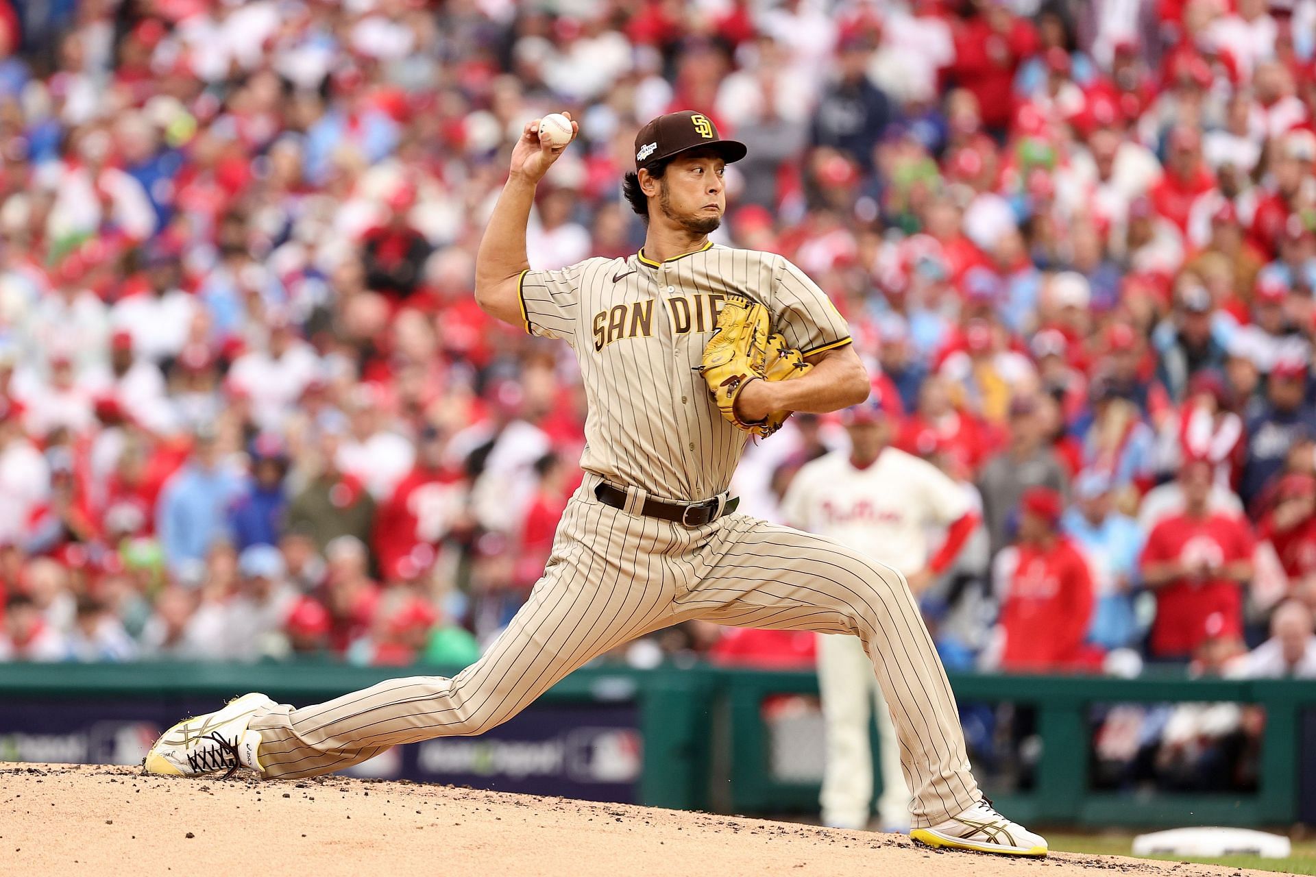 Yu Darvish of the San Diego Padres throws a pitch against the Philadelphia Phillies in game five of the NLCS at Citizens Bank Park