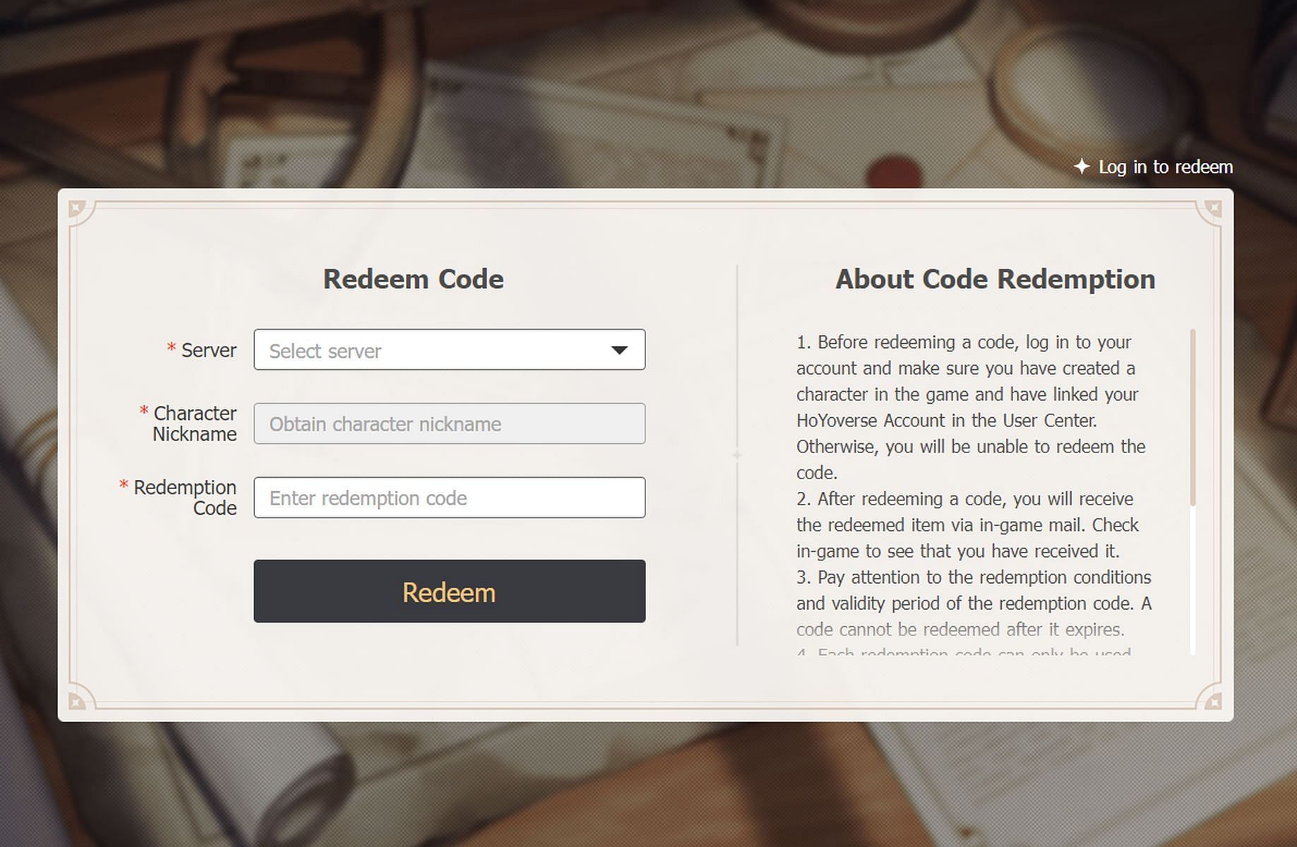 This is how the website&#039;s Redeem Code section looks like (Image via HoYoverse)