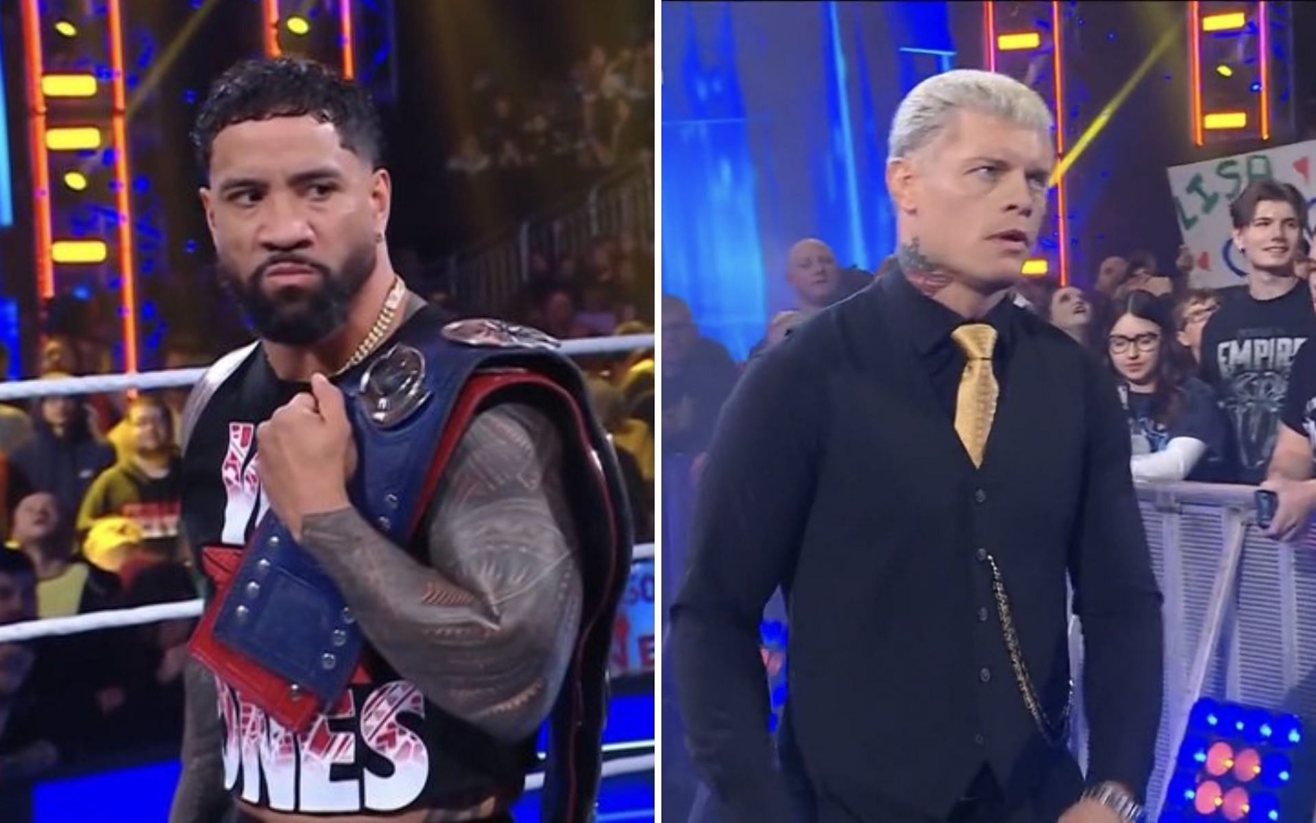 Jey Uso made a statement (left); Cody Rhodes responded (right)