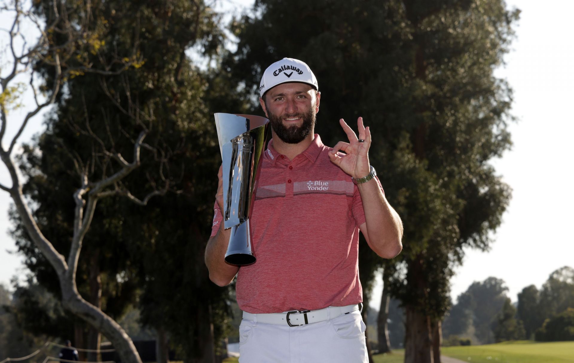 Jon Rahm showing three fingers after Genesis win as a sign of three victories this year