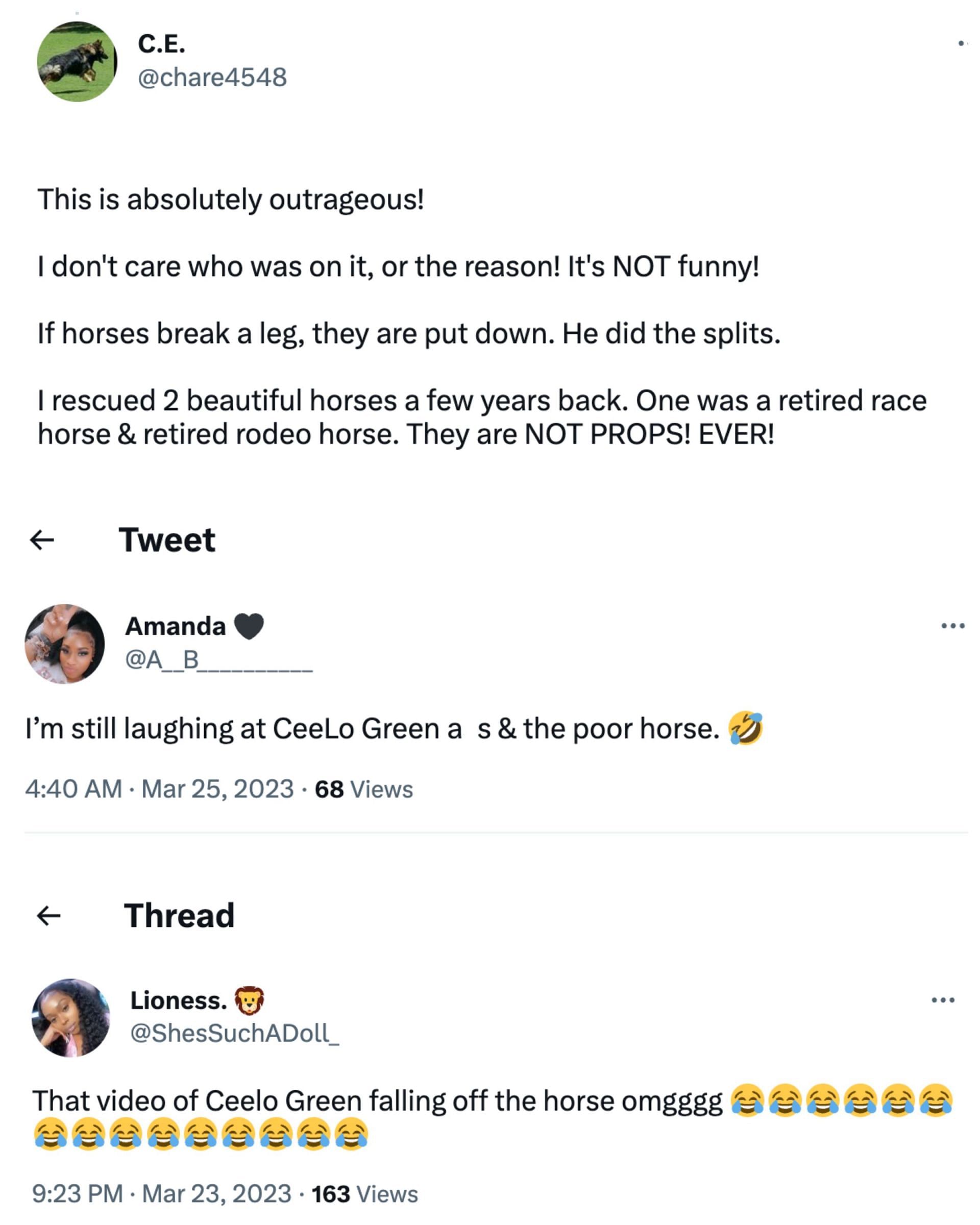 Social media users reacted to CeeLo Green falling off the horse at the birthday party honoring the later rapper Shawty Lo. (Image via Twitter)