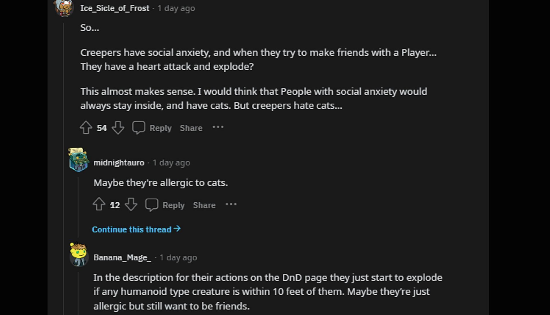 Minecraft fans debate that creepers may be socially anxious and allergic to cats (Image via u/BugEducational5952/Reddit)