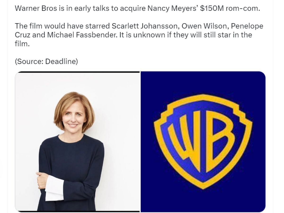 A still of the Twitter post regarding the news of Warner Bros. potentially taking under Nancy Meyers&#039; new rom-com movie (Image Via Twitter)