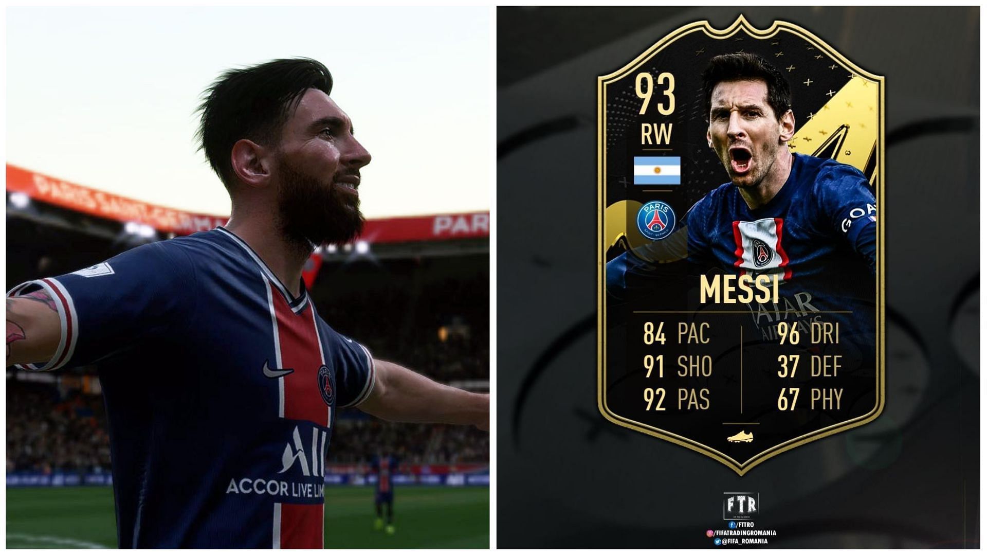 Lionel Messi is rumored to receive an in-form card (Images via EA Sports and Twitter/FIFATradingRomania)