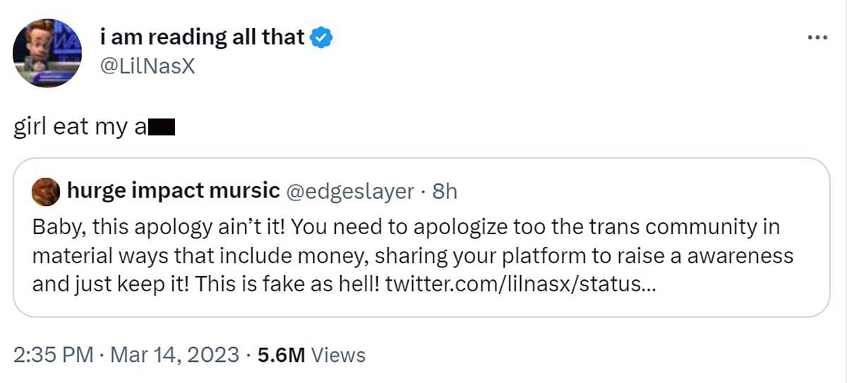 Montero&#039;s reaction to the Twitter user (Image via Twitter/ @LilNasX)