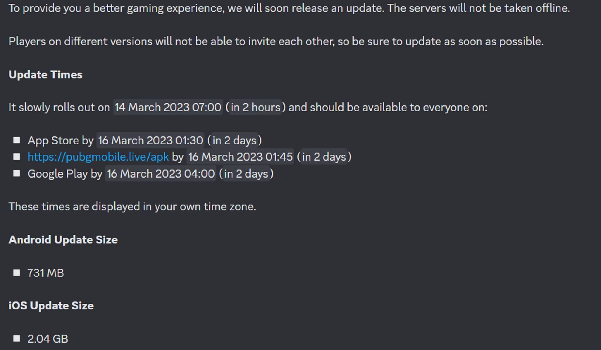 The update schedule for the update (Image via PUBG Mobile official Discord Server)