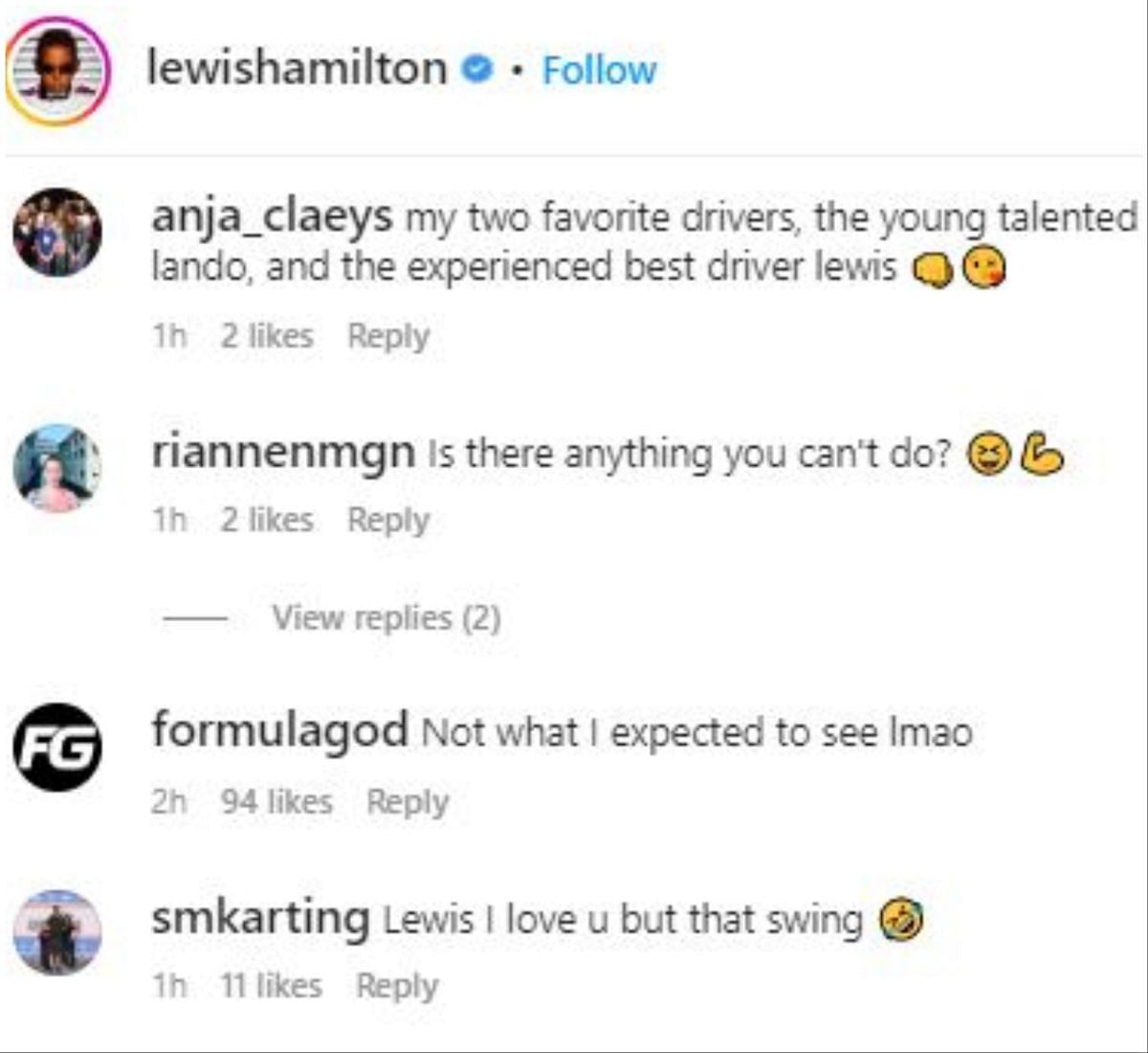 Screengrab of Hamilton&#039;s Instagram comment section