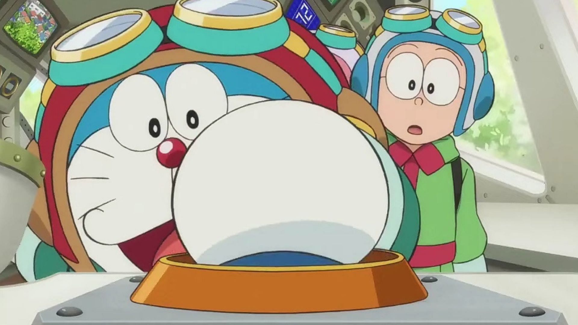 Doraemon and Nobita sitting inside their aircraft as seen in the Doraemon 2023 film trailer (Image via Shin Ei Animation)