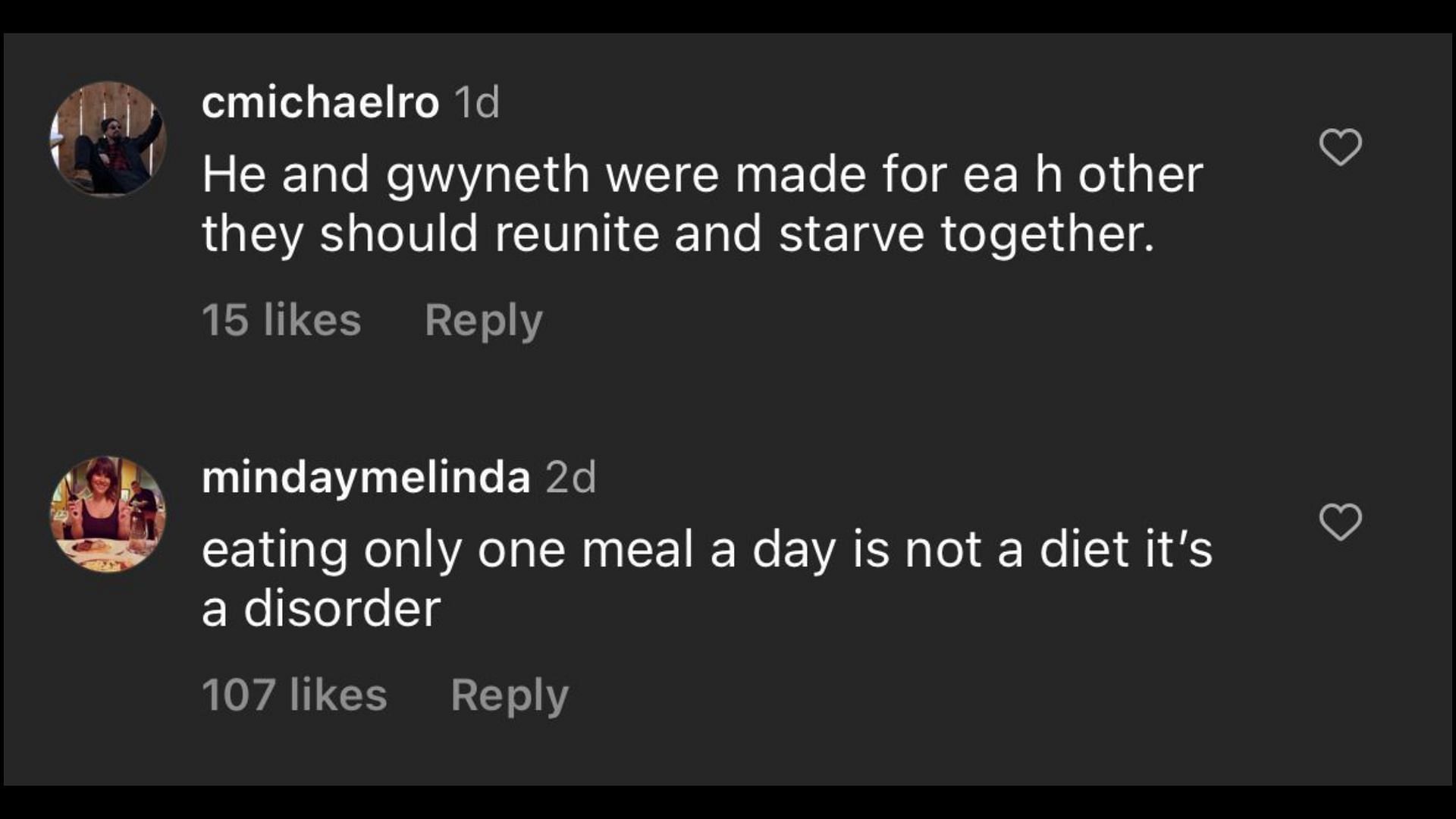 Screenshot of internet users criticizing Martin&#039;s daily meal plan.