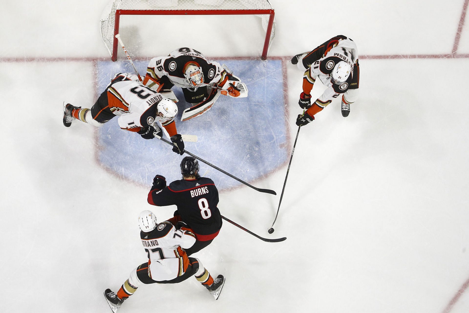 John Gibson makes a save against Carolina Hurricanes.