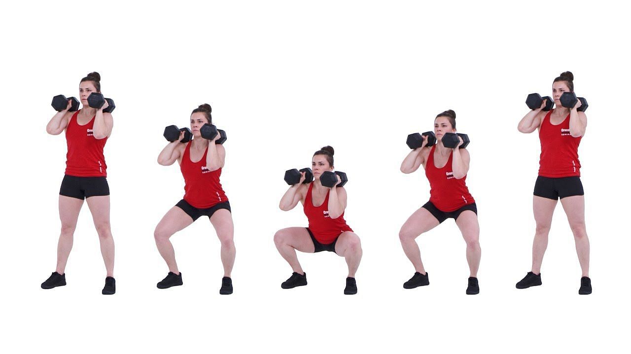 To start the dumbbell front squat, hold two dumbbells with your palms (CrossFit/ Youtube)