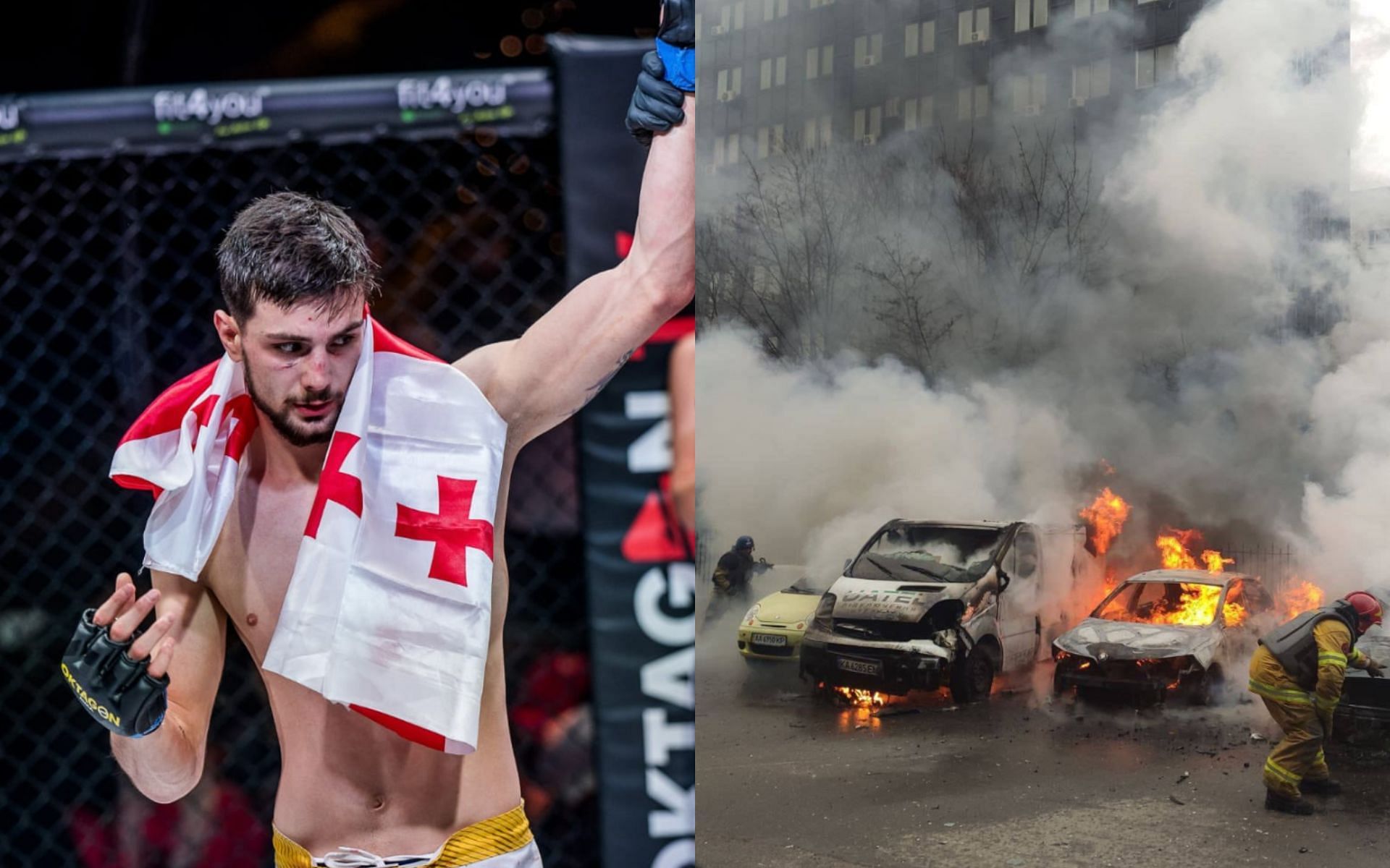Mate Sanikidze (left), Kyiv, Ukraine (right) [Images courtesy of @oktagonofficial &amp; @uarealitynow on Twitter]