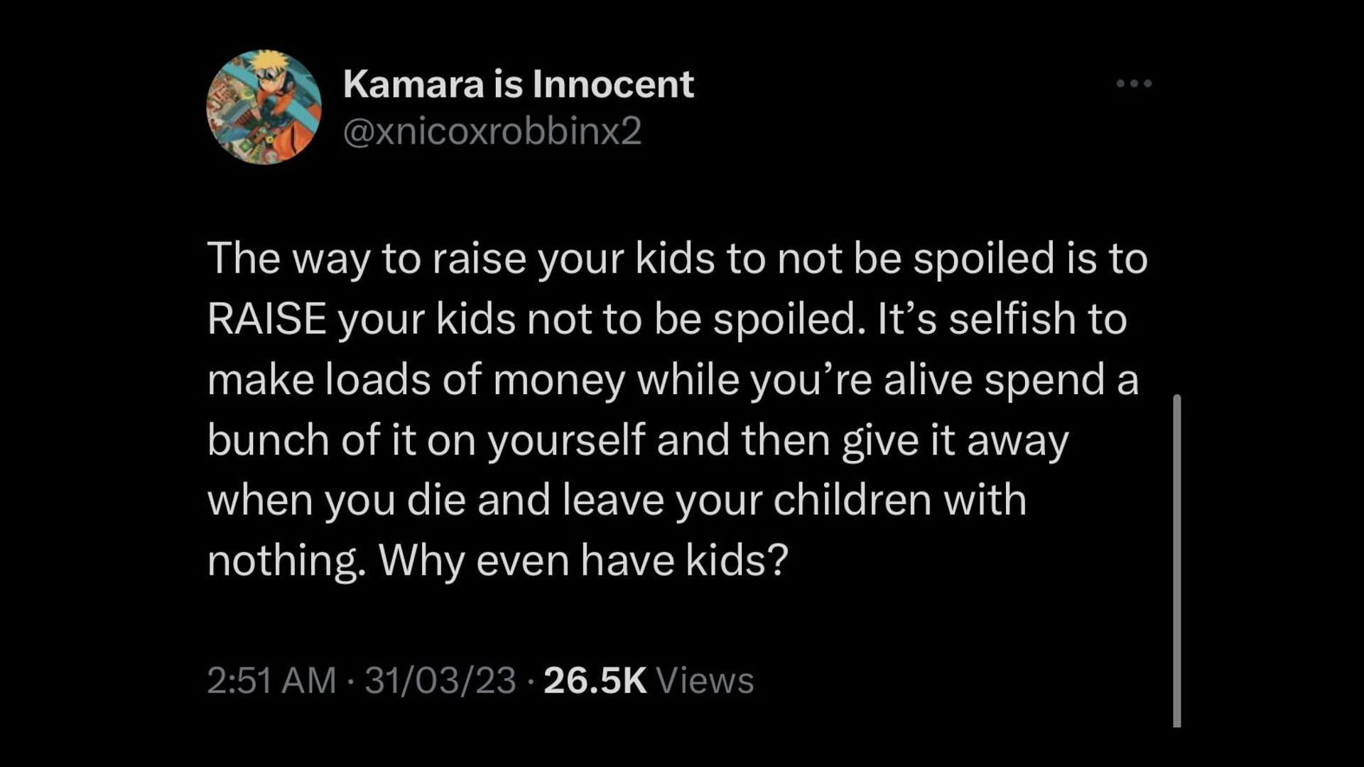 Screenshot of a Twitter user remarking on Kutcher and Kunis not leaving any inheritance for their kids.