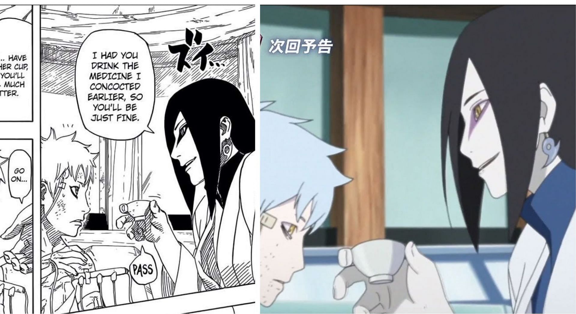 Orochimaru giving Mituski medicine in the anime and manga. (Image via Sportskeeda)