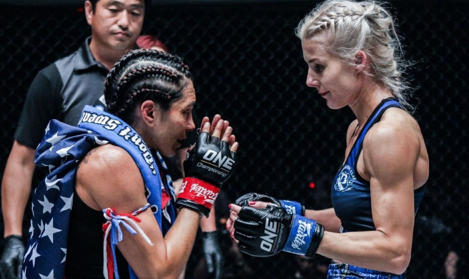 Janet Todd (L) and Ekaterina Vandaryeva (R) share a wholesome moment after their epic encounter. | Photo by ONE Championship