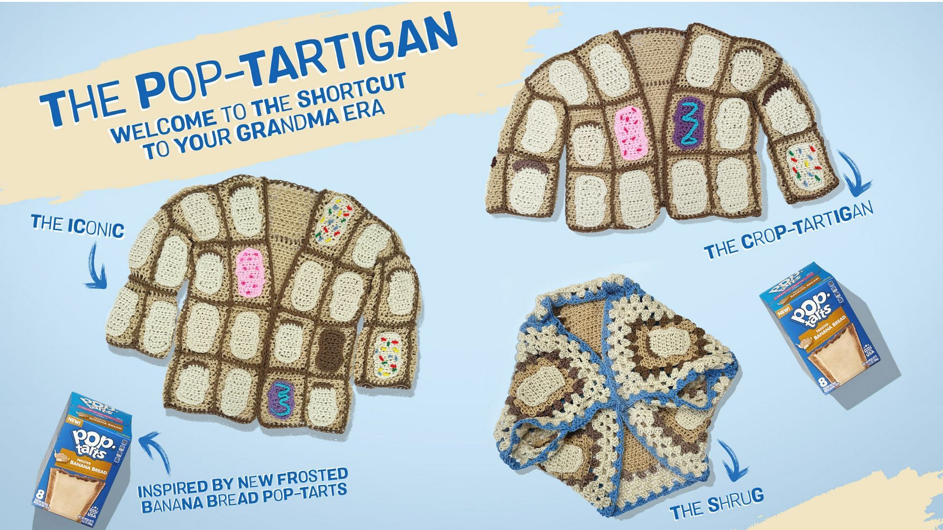 the three unique style sweaters are inspired by the new Frosted Banana Bread Pop-Tarts flavor and will be available all across the country (Image via Pop Tarts/Kellogg&#039;s/PR Newswire)