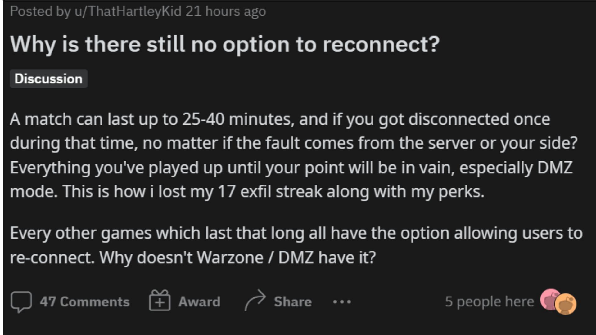 Redditor wants the reconnection option to be there in the game (Image via Reddit)