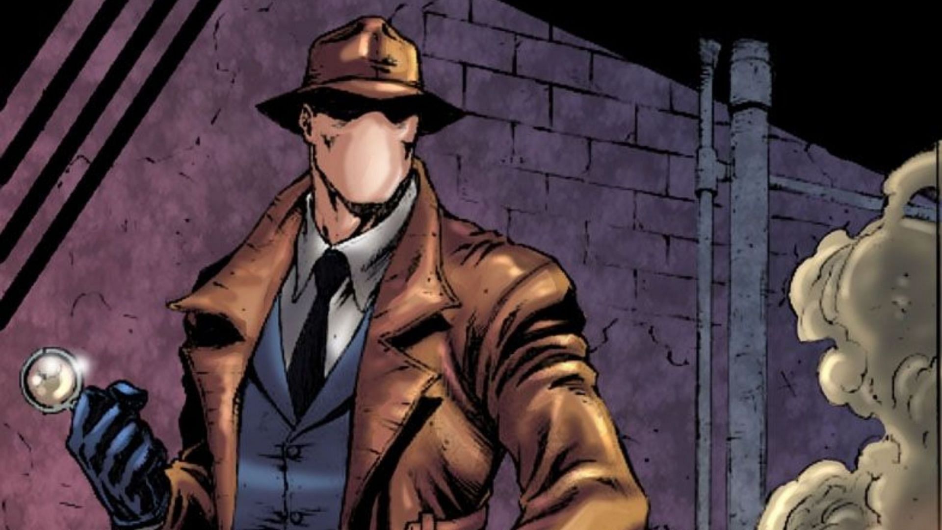 The Question, the faceless detective from DC Comics, ponders the mysteries of the world in his trench coat and fedora (Image via DC Comics)