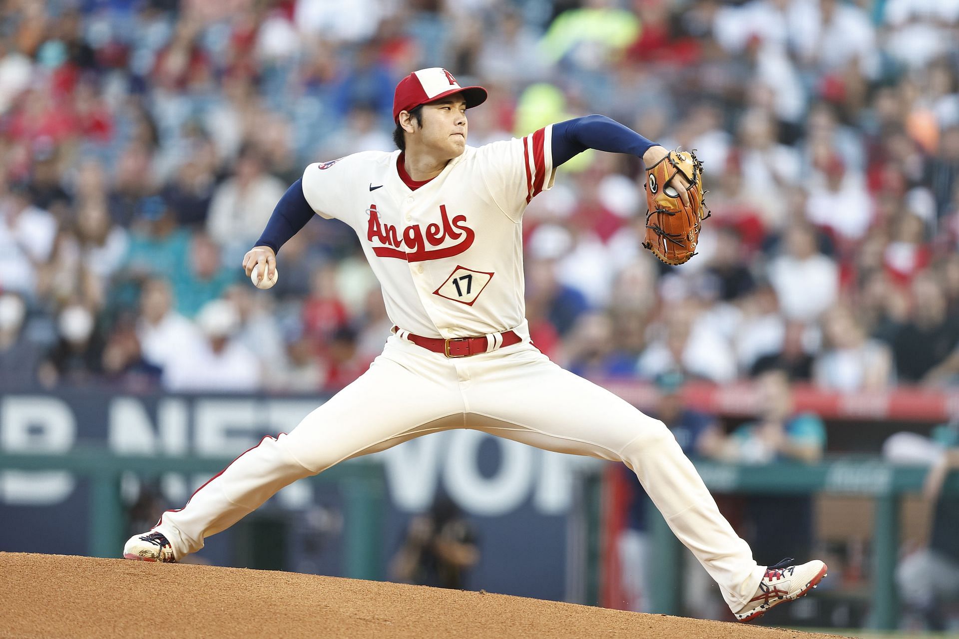 Shohei Ohtani of the Los Angeles Angels pitches against the Seattle Mariners at Angel Stadium of Anaheim