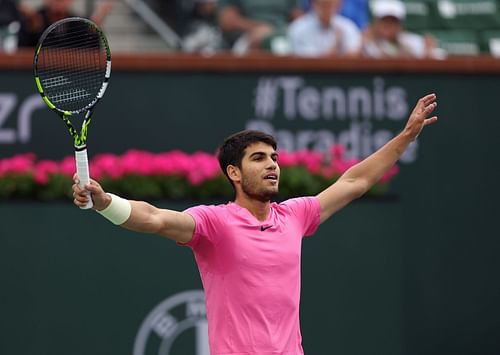 Carlos Alcaraz celebrates winning the 2023 Indian Wells title.