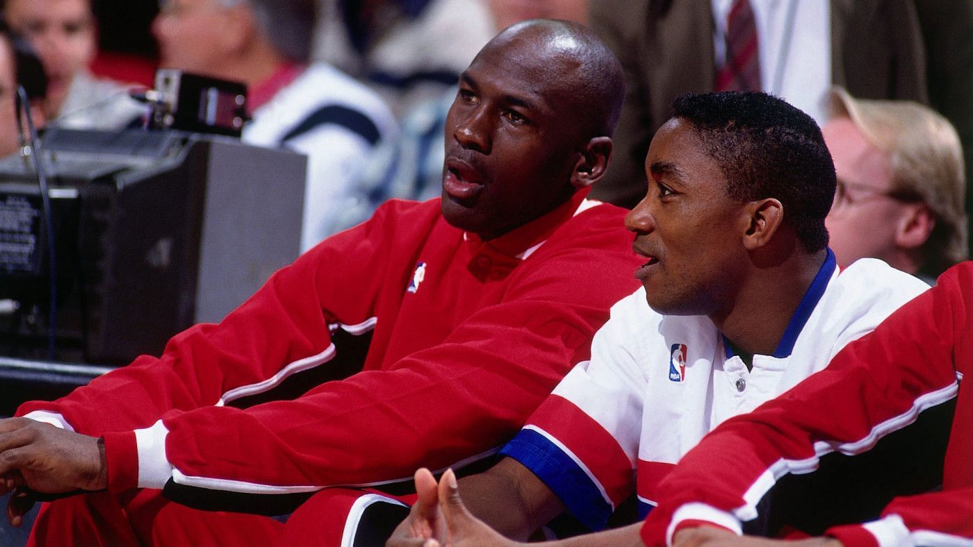 Chicago Bulls legend Michael Jordan (left) and Detroit Pistons legend Isiah Thomas