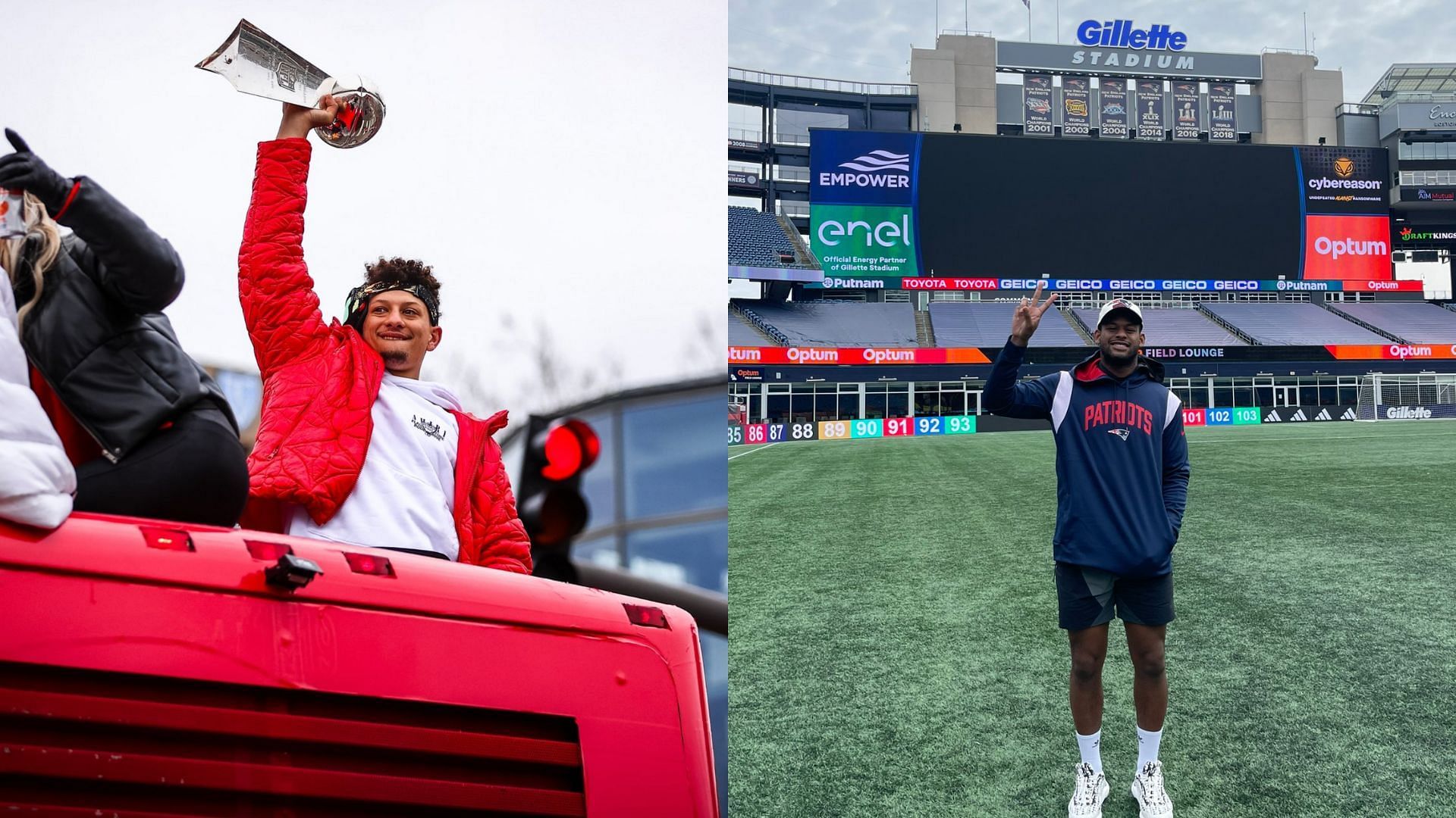 Chiefs QB Patrick Mahomes (l) and new Patriots WR JuJu Smith-Schuster (r)