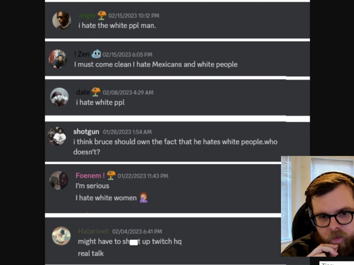 Hate messages found in Bruce&#039;s Discord (Image via Twitch)