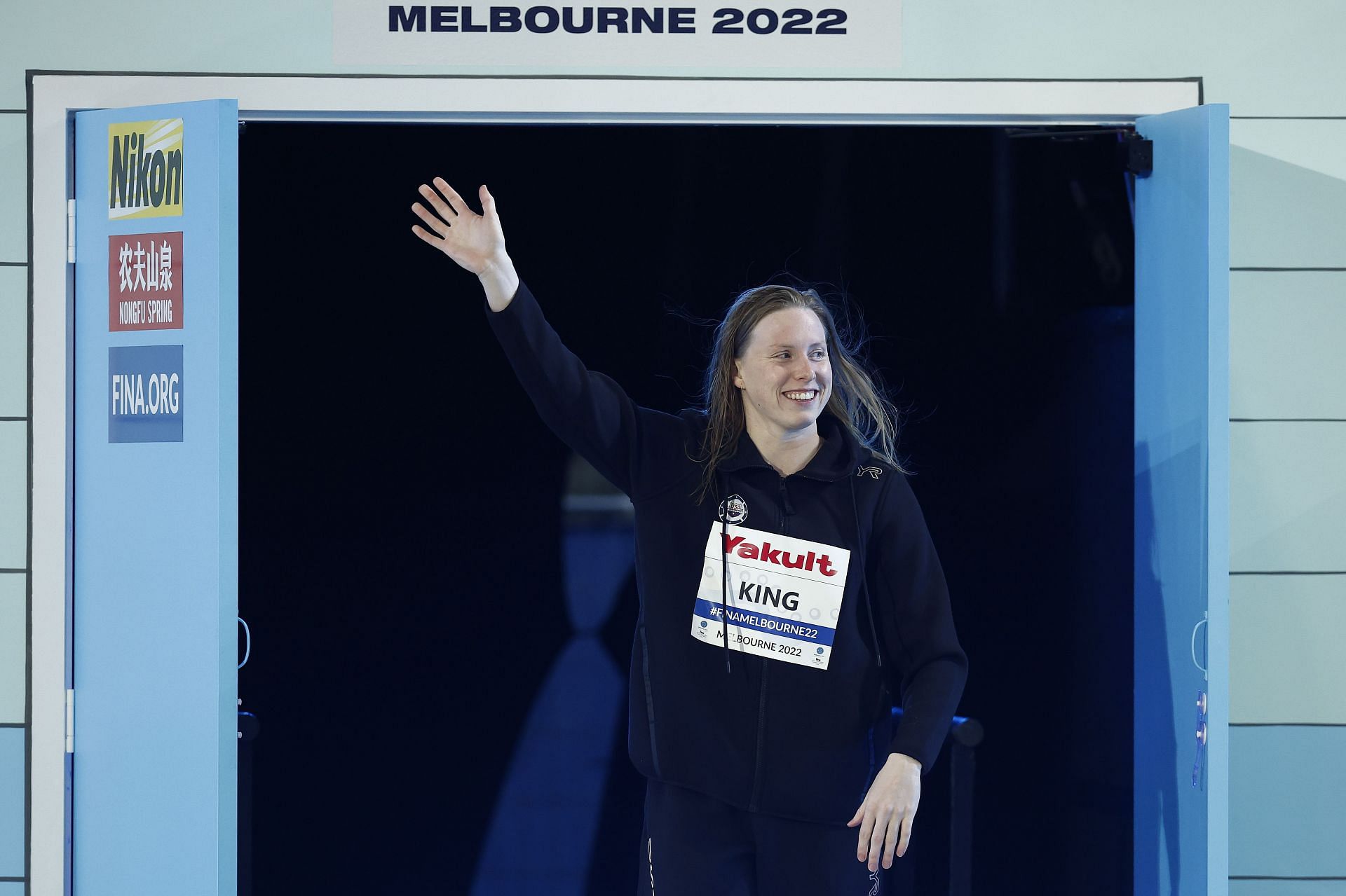 Bronze medallist Lilly King of the United States celebrates during the medal ceremony for the Women&#039;s 50m Breaststroke Final on day six of the 2022 FINA World Short Course Swimming Championships