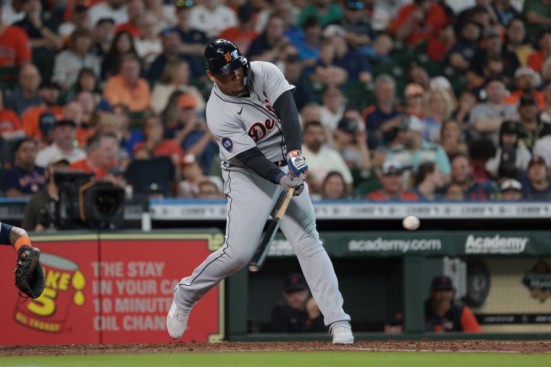 Miguel Cabrera of the Detroit Tigers doubles in the third inning.