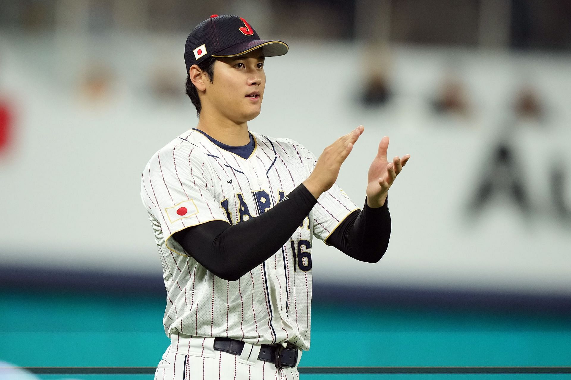 Shohei Ohtani of Team Japan warms up before the World Baseball Classic semifinal against Team Mexico.