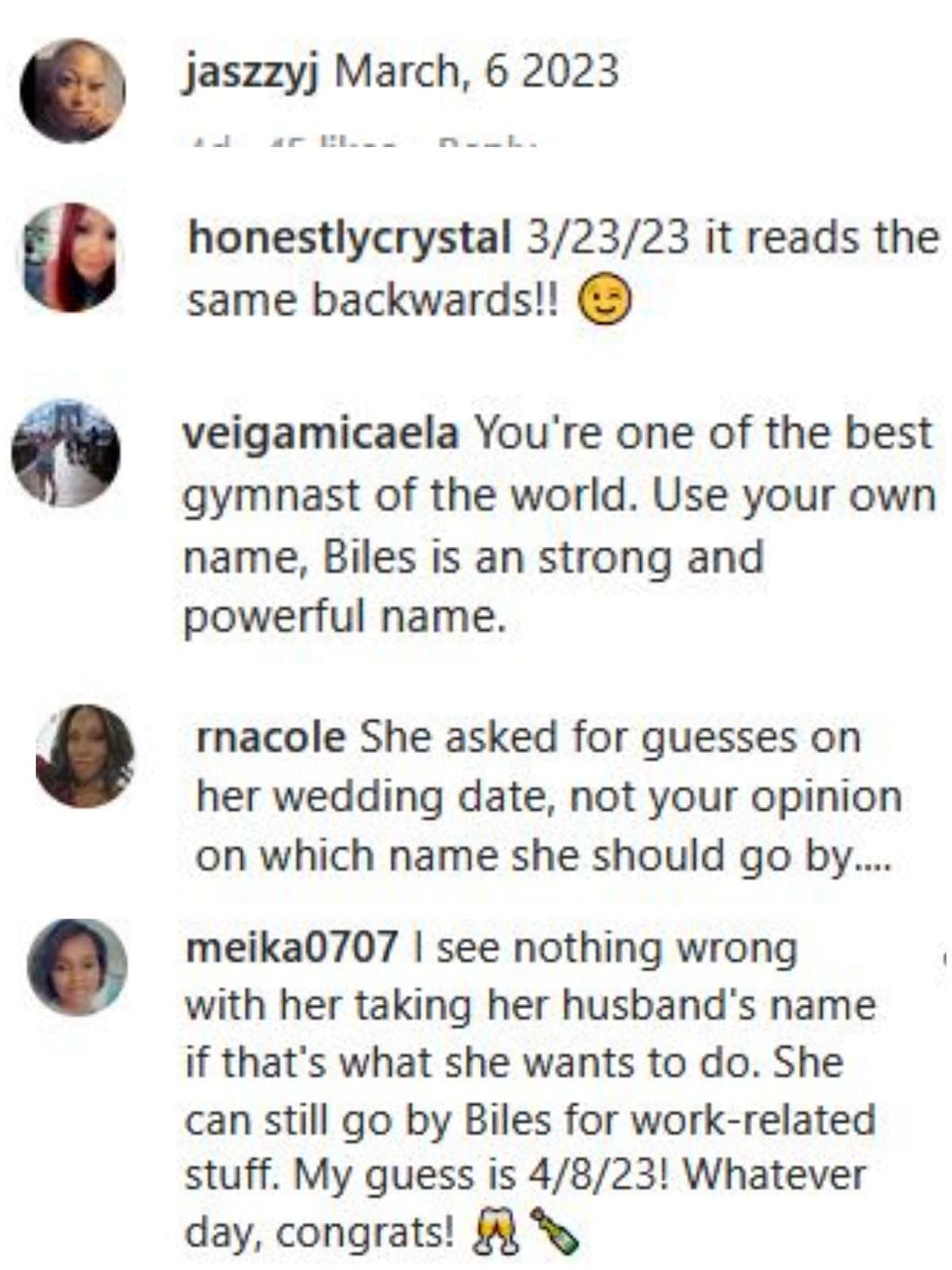 Screengrab of Simone Biles&#039; Instagram comment section